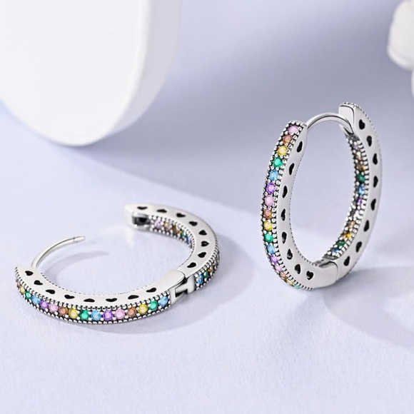 Solid 925 Sterling Silver Colorful 5A Cubic Zirconia Hoop Earrings - Picture 3 of 8